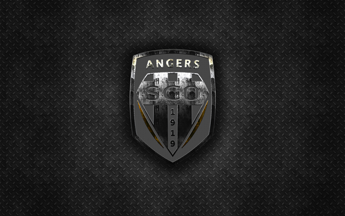 1 Angers SKOLYOZ, Fransız Futbol Kul&#252;b&#252;, siyah metal doku, metal logo, amblem, Angers, Fransa, İzle, yaratıcı sanat, futbol