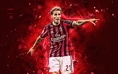 Lucas Biglia, match, AC Milan, Rossoneri, soccer, Serie A, Lucas Rodrigo Biglia, neon lights, Argentine footballers, Milan FC, creative