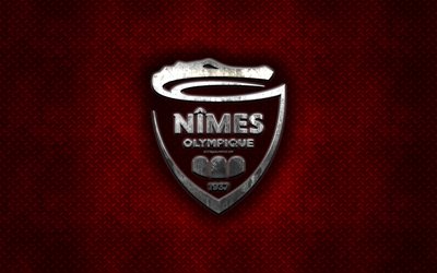 Nimes Olympique, Fransız Futbol Kul&#252;b&#252;, kırmızı metal doku, metal logo, amblem 1, Nimes, Fransa, İzle, yaratıcı sanat, futbol