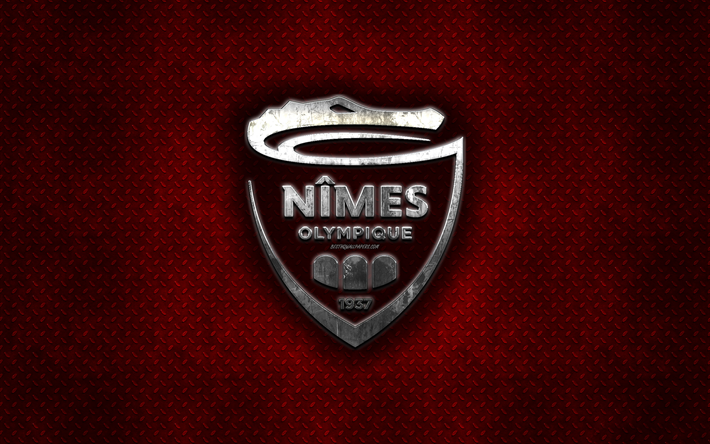 Nimes Olympique, Clube de futebol franc&#234;s, vermelho textura do metal, logotipo do metal, emblema, Nimes, Fran&#231;a, Liga 1, arte criativa, futebol