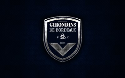 O FC Girondins de Bordeaux, Clube de futebol franc&#234;s, azul textura do metal, logotipo do metal, emblema, Bordeaux, Fran&#231;a, Liga 1, arte criativa, futebol