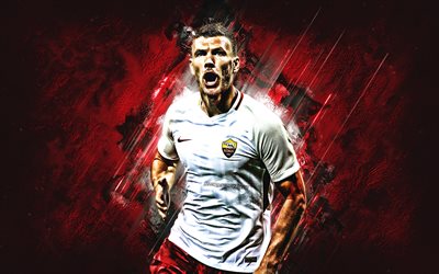 Edin Dzeko, AS Roma, striker, joy, red stone, portrait, famous footballers, football, Bosnian footballers, grunge, Serie A, Italy, Dzeko