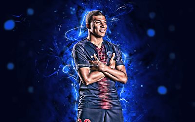 Kylian Mbappe, goal, french footballers, PSG, personal celebration, Ligue 1, Paris Saint-Germain, Mbappe, football stars, neon lights, soccer