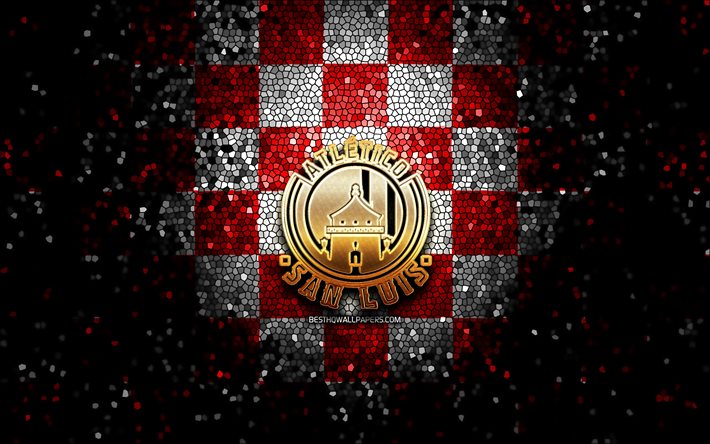 Atletico San Luis FC, glitter logo, Liga MX, red white checkered background, soccer, mexican football club, Atletico San Luis logo, mosaic art, football, Atletico San Luis