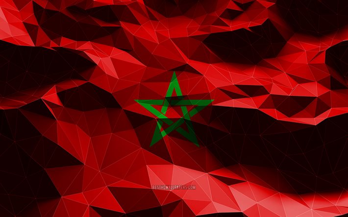 4k, Moroccan flag, low poly art, African countries, national symbols, Flag of Morocco, 3D flags, Morocco, Africa, Morocco 3D flag, Morocco flag