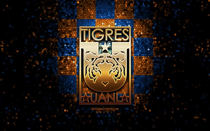 Tigres UANL FC, glitter logosu, Liga MX, turuncu mavi damalı arka plan, futbol, Meksika futbol kul&#252;b&#252;, Tigres UANL logosu, mozaik sanat, Tigres UANL