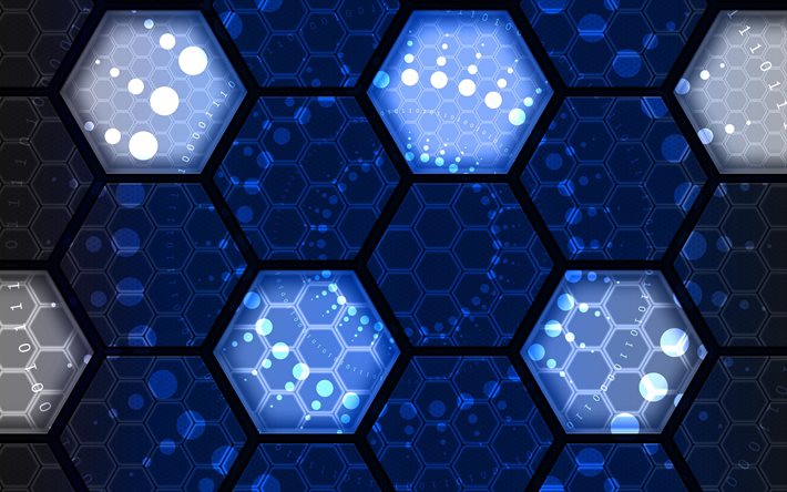 hexagones bleus, 4k, motifs d'hexagones, nid d'abeille, textures d'hexagones, arrière-plans bleus, texture 3D hexagones, fond avec hexagones