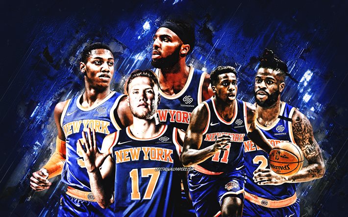 New York Knicks, NBA, American Basketball Club, fundo de pedra azul, basquete, Mitchell Robinson, RJ Barrett, Reggie Bullock, Ignas Brazdeikis, Frank Ntilikina