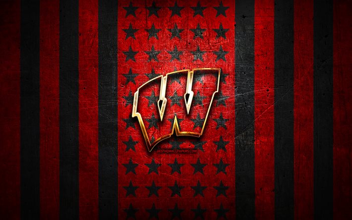 Wisconsin Badgers flagga, NCAA, r&#246;d svart metall bakgrund, amerikanskt fotbollslag, Wisconsin Badgers logotyp, USA, amerikansk fotboll, gyllene logotyp, Wisconsin Badgers