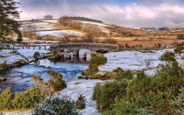 East Dart River, 4K, inverno, ponte, bellissima natura, Bellever, Inghilterra, Regno Unito