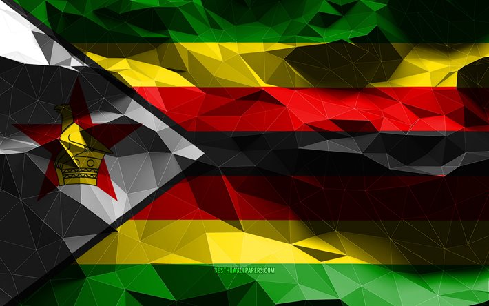 4k, Zimbabwen lippu, matala poly-taide, Afrikan maat, kansalliset symbolit, 3D-liput, Zimbabwe, Afrikka, Zimbabwen 3D-lippu
