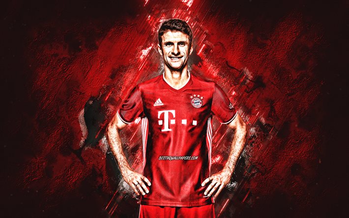 Thomas Muller, Bayern Munich, joueur de football allemand, portrait, Bundesliga, fond de pierre rouge, football, Allemagne