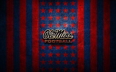 Ole Miss Rebels flag, NCAA, red blue metal background, american football team, Ole Miss Rebels logo, USA, american football, golden logo, Ole Miss Rebels