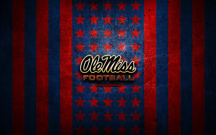 オレミス反乱軍旗, 全米大学体育協会, 赤青金属の背景, アメリカンフットボール, Ole MissRebelsのロゴ, 米国, 黄金のロゴ, オレミス反乱軍