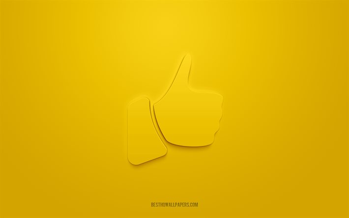 Thumbs Up 3d icon, fond jaune, symboles 3d, Thumbs Up, ic&#244;nes de signes de main, ic&#244;nes 3d, comme l&#39;ic&#244;ne 3d, Thumbs up sign, main signe des ic&#244;nes 3d, comme signe