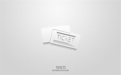 Biljetter 3d-ikon, vit bakgrund, 3d-symboler, biljetter, resesymboler, 3d-ikoner, biljettskylt, resor 3d-ikoner