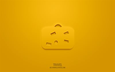 Ic&#244;ne 3d de valise, fond jaune, symboles 3d, valise, ic&#244;nes de voyage, ic&#244;nes 3d, signe de valise, ic&#244;nes 3d de voyage