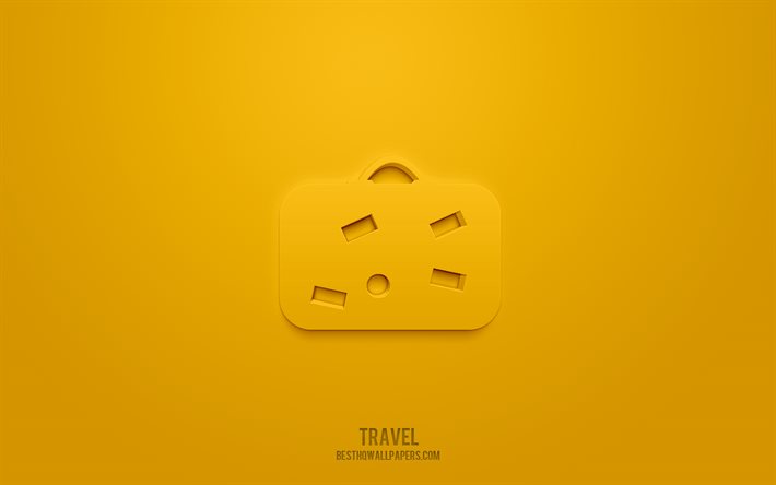 koffer 3d symbol, gelber hintergrund, 3d symbole, koffer, reise symbole, koffer zeichen, reise 3d symbole