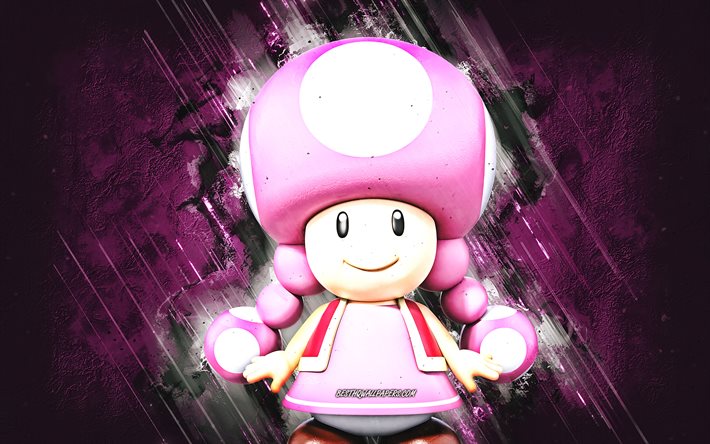 Toadette, Super Mario, Mario Party Star Rush, characters, pink stone background, Super Mario main characters, Toadette Super Mario