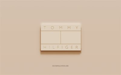 Logo Tommy Hilfiger, fond de pl&#226;tre marron, logo 3D Tommy Hilfiger, marques, embl&#232;me Tommy Hilfiger, art 3D, Tommy Hilfiger