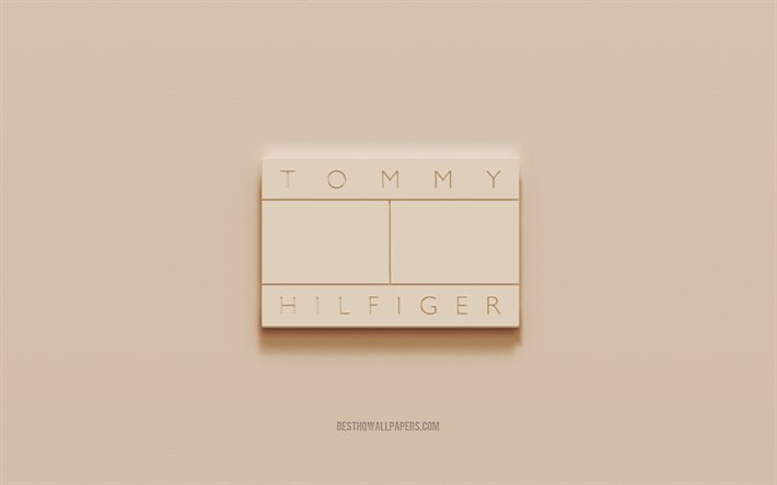 Logo Tommy Hilfiger, sfondo marrone in gesso, logo 3d Tommy Hilfiger, marchi, emblema Tommy Hilfiger, arte 3d, Tommy Hilfiger