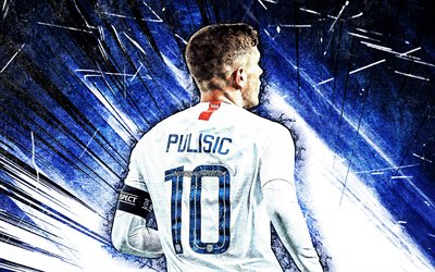 4k, Christian Pulisic, grunge art, back view, USA National Team, soccer, Christian Mate Pulisic, footballers, blue abstract rays, Christian Pulisic 4K, American soccer team