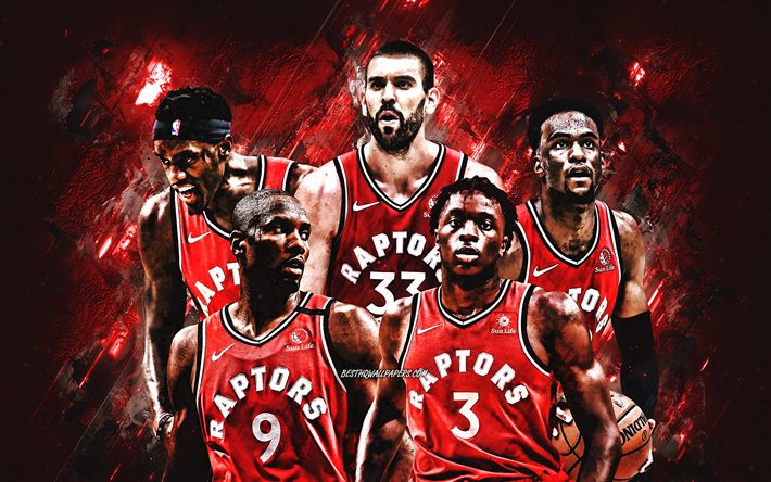 Toronto Raptors, NBA, Canadian Basketball Club, red stone background, basketball, OG Anunoby, Marc Gasol, Oshae Brissett
