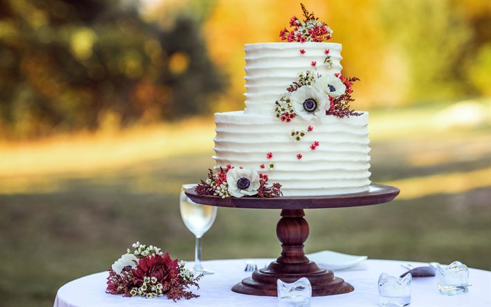 Wedding cake, wooden cake stand, two-tier cake, wedding, cake, white cream, wedding concepts