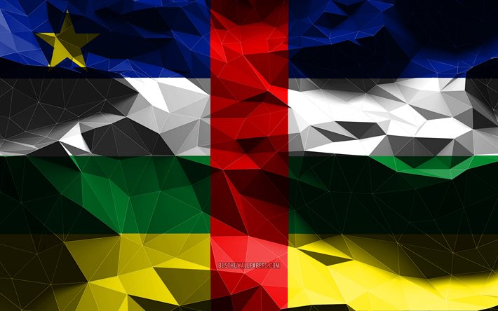 4k, bandeira da Rep&#250;blica Centro-Africana, low poly art, pa&#237;ses africanos, s&#237;mbolos nacionais, Bandeira da Rep&#250;blica Centro-Africana, bandeiras 3D, CAR, &#193;frica, bandeira CAR 3D, bandeira CAR
