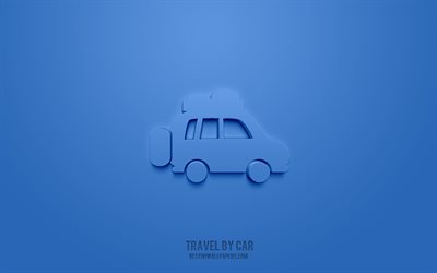Travel by car 3d icon, blue background, 3d symbols, Travel by car, Travel icons, 3d icons, Travel by car sign, Travel 3d icons