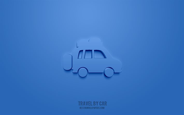 Voyage en voiture ic&#244;ne 3d, fond bleu, symboles 3d, voyage en voiture, ic&#244;nes de voyage, ic&#244;nes 3d, voyage en signe de voiture, ic&#244;nes 3d de voyage