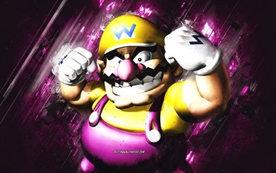 Wario, Super Mario, Mario Party Star Rush, characters, purple stone background, Super Mario main characters, Wario Super Mario
