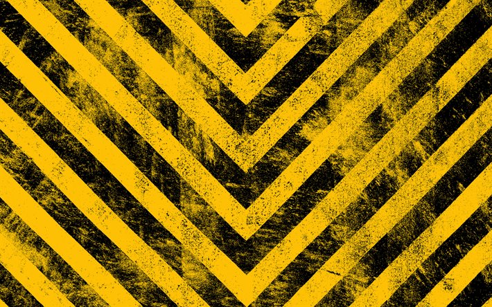 varningsband, 4k, grunge bakgrunder, varningslinjer, gula pilar, gula och svarta linjer, abstrakta bakgrunder