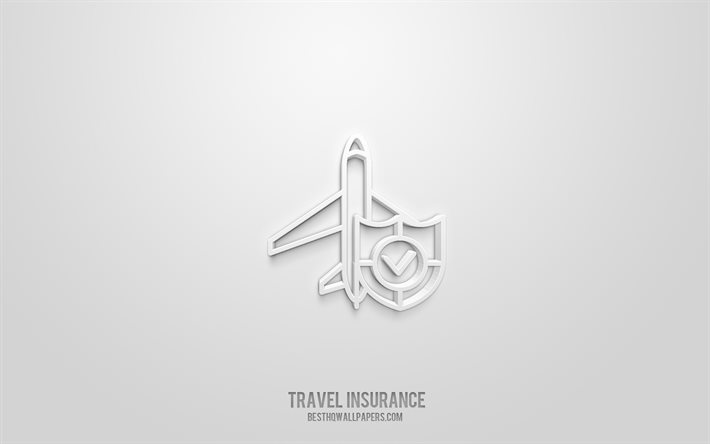 تأمين السفر رمز 3d, خلفية بيضاء, رموز ثلاثية الأبعاد, خدمات التأمين على سفر, أيقونات التأمين, أيقونات ثلاثية الأبعاد, التأمين 3d الرموز