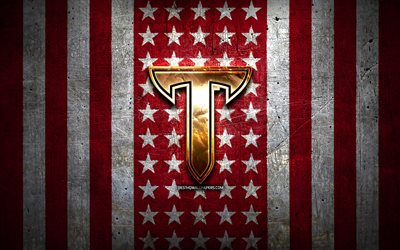 Troy Trojans flag, NCAA, purple white metal background, american football team, Troy Trojans logo, USA, american football, golden logo, Troy Trojans