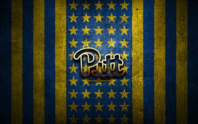 Pittsburgh Panthers flag, NCAA, blue yellow metal background, american football team, Pittsburgh Panthers logo, USA, american football, golden logo, Pittsburgh Panthers