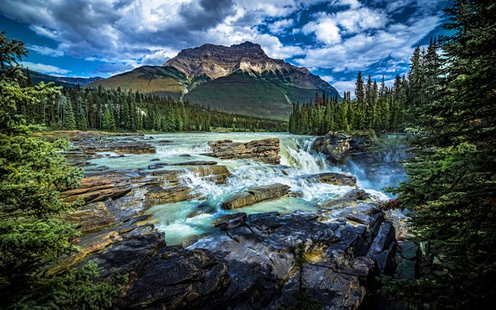 4k, Jasper National Park, waterfalls, cliffs, summer, Alberta, Canada, mountains, beautiful nature, HDR