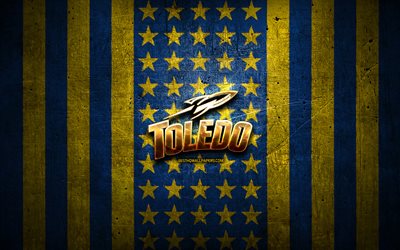 Toledo Rockets flag, NCAA, yellow blue metal background, american football team, Toledo Rockets logo, USA, american football, golden logo, Toledo Rockets