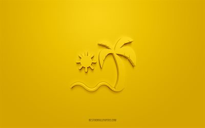 熱帯の島々の3Dアイコン, 黄色の背景, 3Dシンボル, 熱帯の島々, 夏のアイコン, 3D图标, 熱帯の島々のサイン, 夏の3Dアイコン