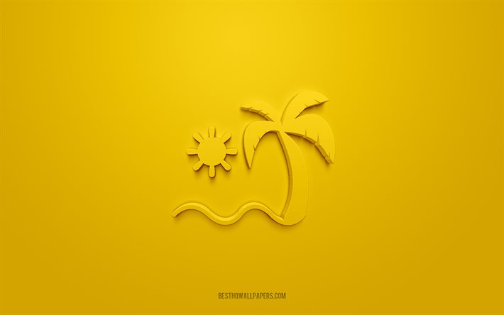 Tropik Adalar 3d simgesi, sarı arka plan, 3d semboller, Tropik Adalar, Yaz simgeleri, 3d simgeler, Tropik Adalar işareti, Yaz 3d simgeleri