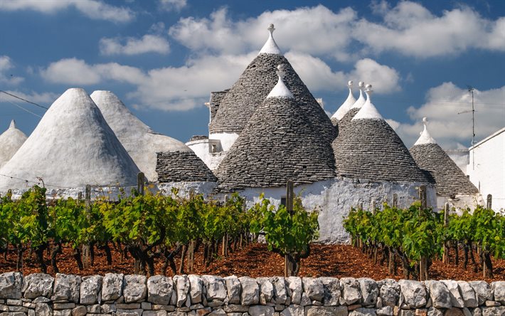 Trullo, vineyard, Trullo cityscape, buildings, trullo houses in Monte Pertica, Alberobello, Bari Province, Italy
