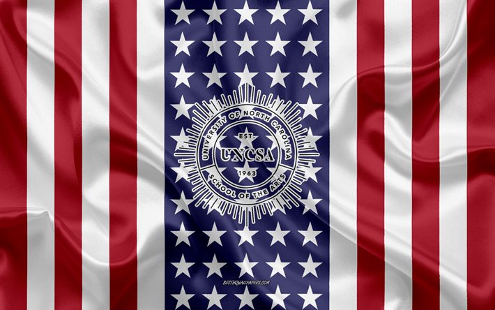 University of North Carolina School of the Arts Emblem, American Flag, University of North Carolina School of the Arts -logo, Winston-Salem, Pohjois-Carolina, Yhdysvallat, Pohjois-Carolinan yliopiston taiteiden korkeakoulu