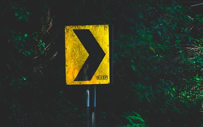 yellow road sign, 4k, pointer to right, arrows, road signs, background with arrow
