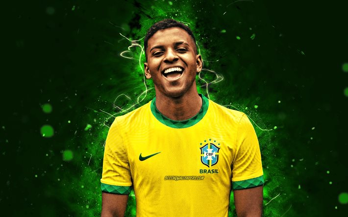 Rodrygo Goes, 4k, Brasilian maajoukkue, jalkapallo, jalkapalloilijat, vihre&#228;t neonvalot, Rodrygo Silva de Goes, Brasilian jalkapallojoukkue, Rodrygo Goes 4K