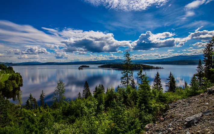 Geiranger, 4k, fiordo, cielo azul, verano, hermosa naturaleza, Noruega, Europa, HDR