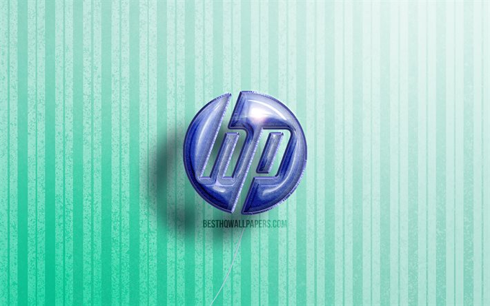 4k, HP 3D logo, Hewlett-Packard logosu, mavi ger&#231;ek&#231;i balonlar, oyunlar, marka, logo, HP, Hewlett-Packard, mavi ahşap arka planlar