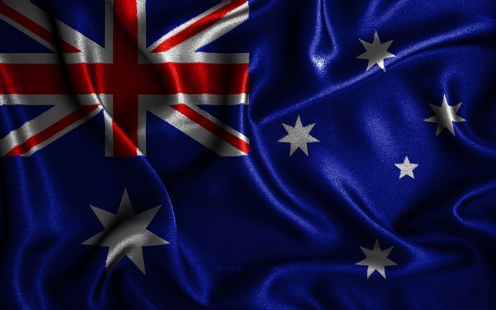 Australian lippu, 4k, silkki aaltoilevat liput, Oseanian maat, kansalliset symbolit, kangasliput, 3D-taide, Australia, Oseania, Australia 3D-lippu
