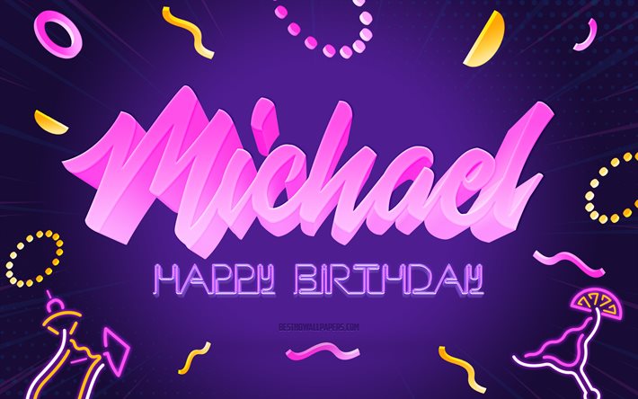 Buon compleanno Michael, 4k, Purple Party Background, Michael, arte creativa, Nome Michael, Compleanno Michael, Sfondo festa di compleanno