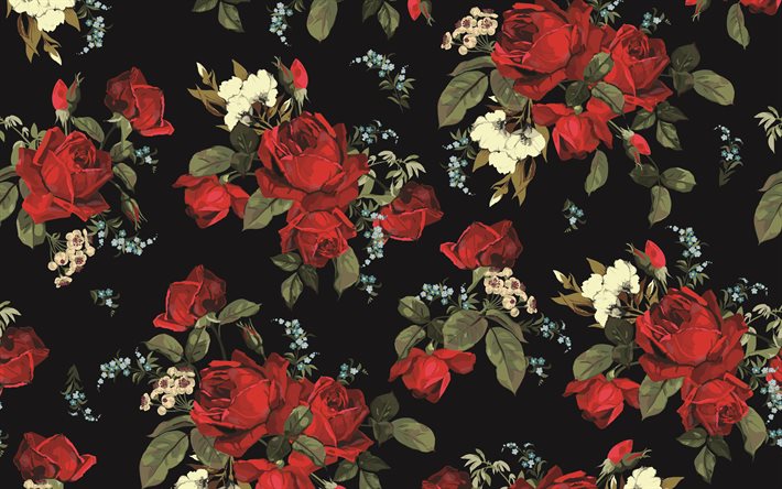 retroruusujen tekstuuri, 4k, musta tausta punaisilla ruusuilla, retroruusujen tausta, vintage-ruusujen rakenne, Vintage-ruusut saumaton kuvio, retrotausta ruusuilla