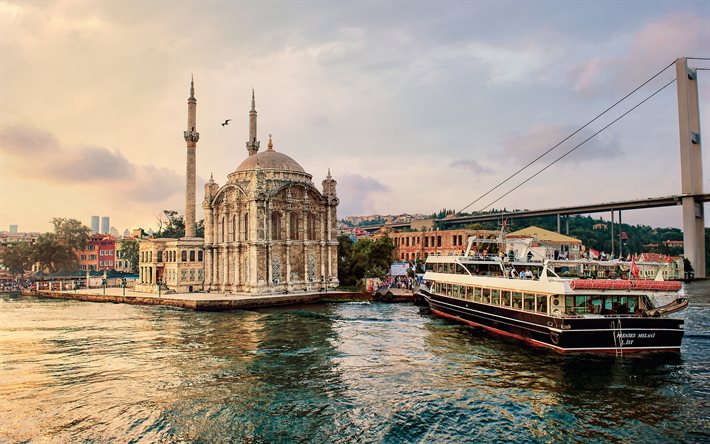 Ortakoy Mosque, Istanbul, Fatih Sultan Mehmet Bridge, evening, sunset, Bosphorus, boat, Turkish mosque, Turkey